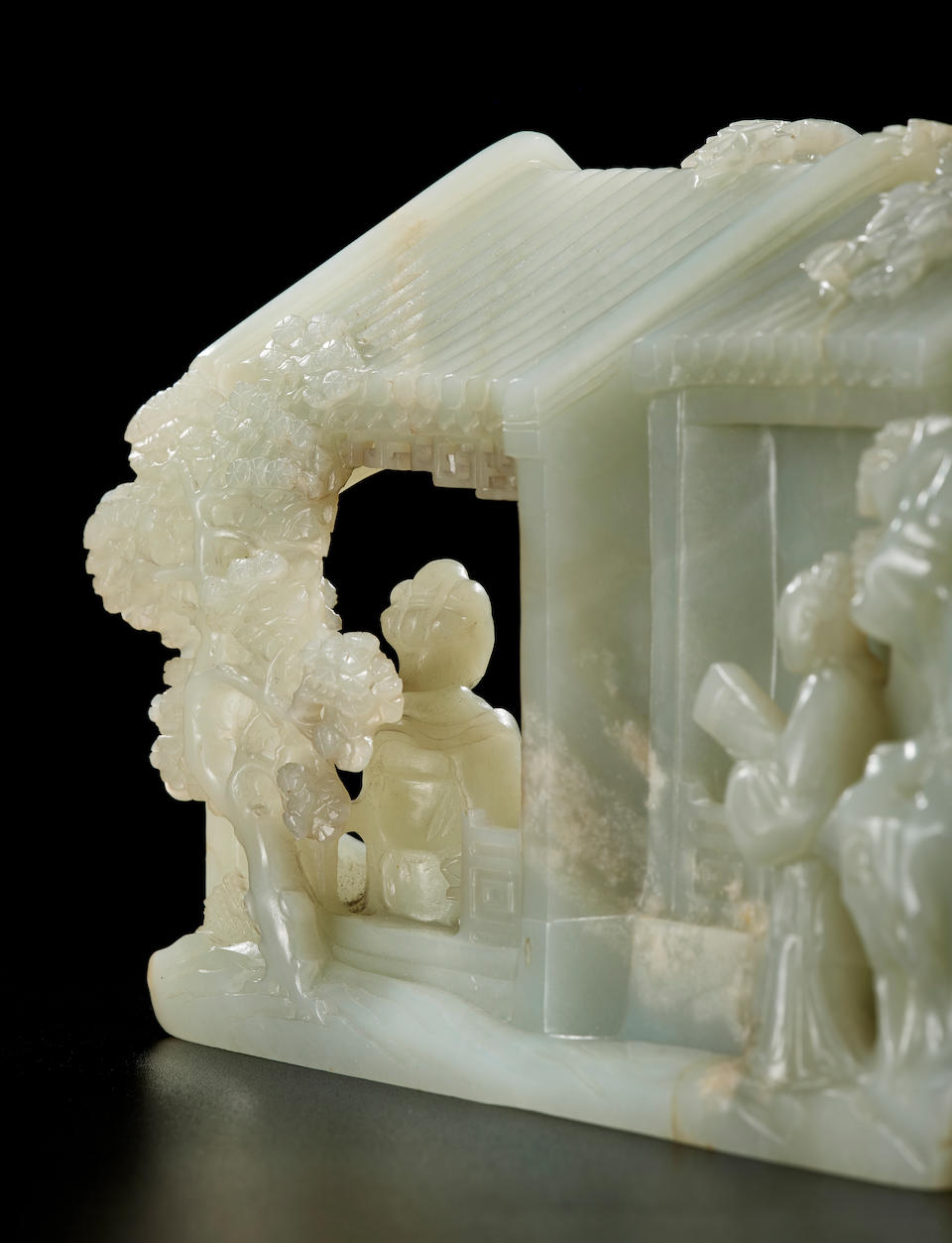 AN EXTREMELY RARE PALE GREEN JADE 'ROMANCE OF THE WESTERN CHAMBER' OPENWORK BOULDER Qianlong (2)