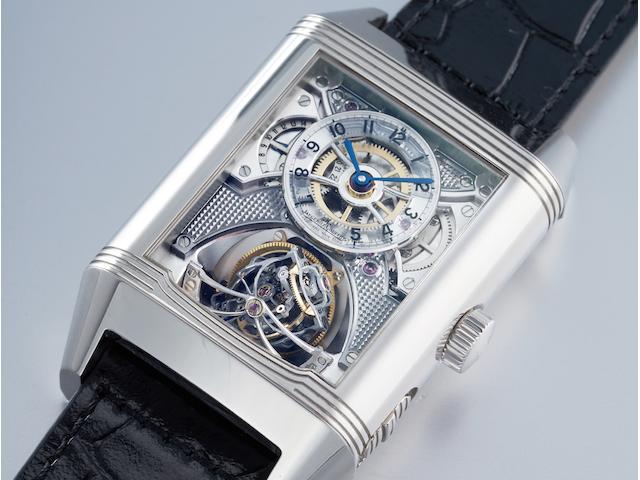 Jaeger-LeCoultre. A Platinum Limited Edition Reverso Gyrotoubillon Wristwatch, Ref.247.6.07, Edition No.52/75, No.2676195, With box and certificate