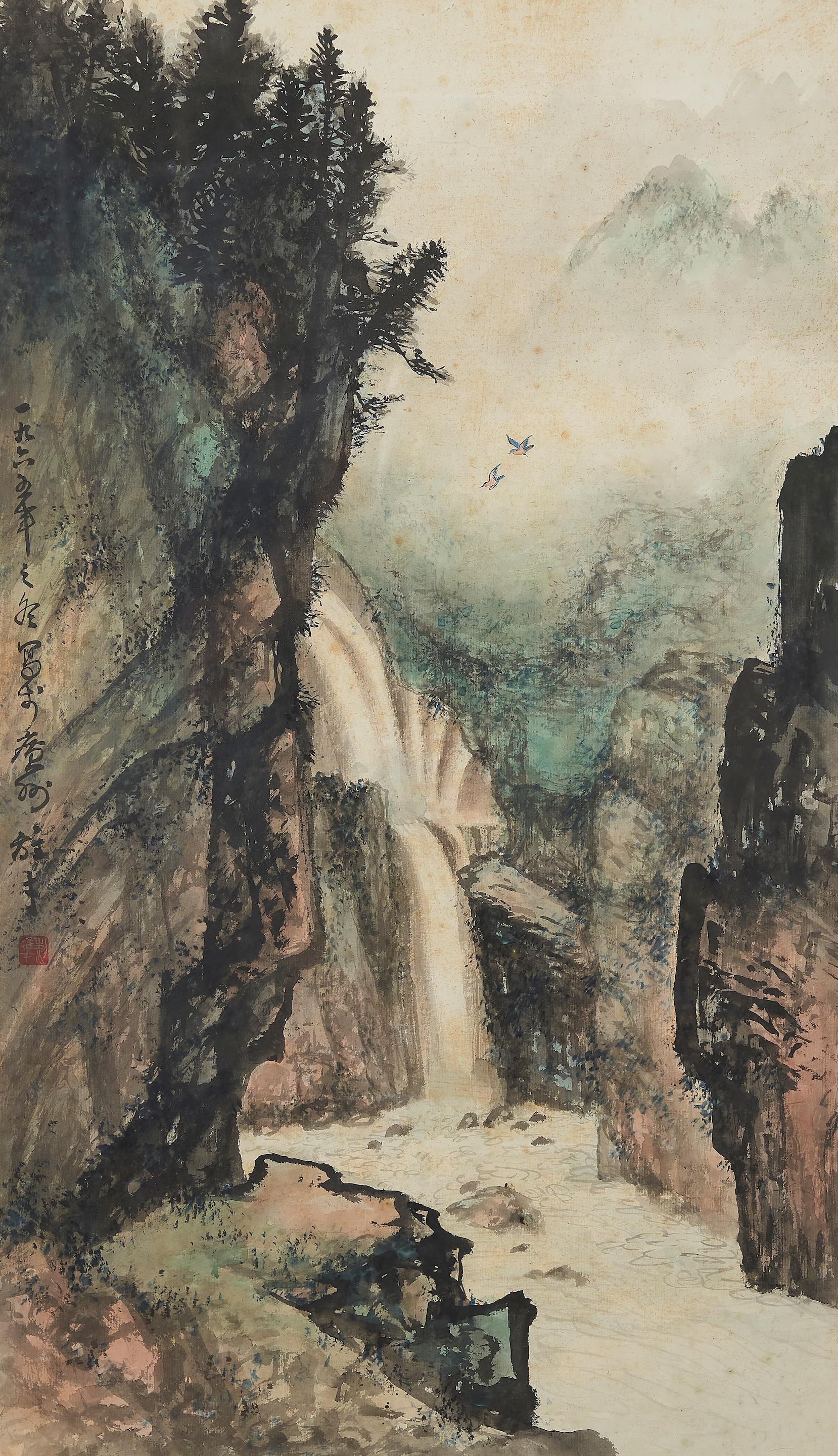 Li Xiongcai (1910-2002) Landscape of Waterfall and Cliff