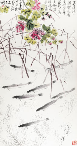 Fan Chang Tien (1907-1987) Wild Hibiscus and Eight Fish