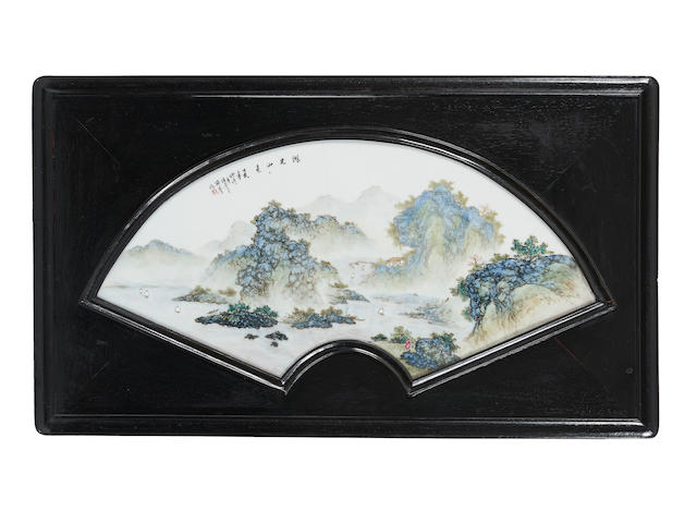 An enamelled fan-shaped 'landscape' ceramic plaque Signed Wang Yeping, dated according to inscription 1935