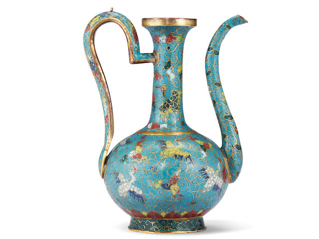 A very rare cloisonn&#233; enamel and gilt-bronze 'cranes' ewer Jiajing incised six-character mark and of the period