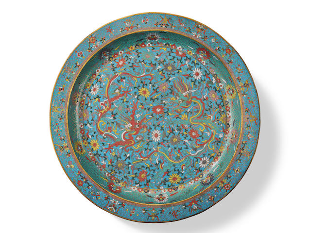 An exceptionally large and very rare Imperial cloisonn&#233; enamel dish Wanli enamelled six-character mark and of the period