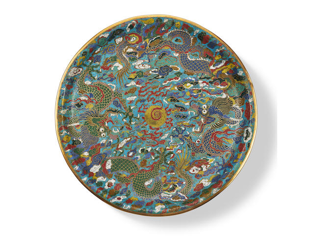 A magnificent and large cloisonn&#233; enamel 'dragons' dish 17th century