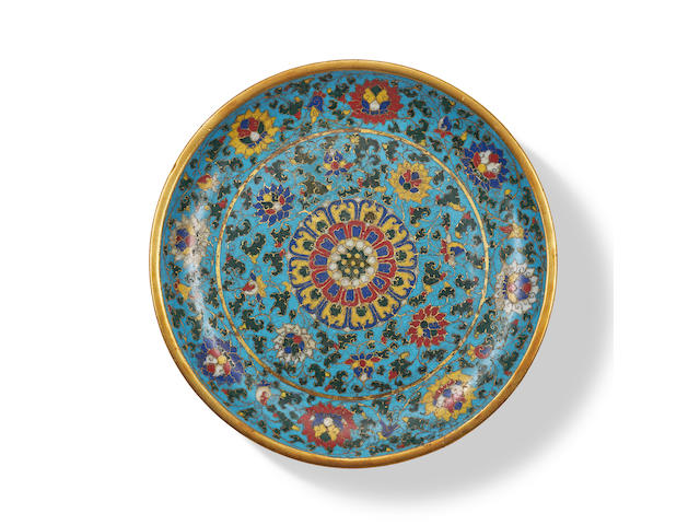 A rare cloisonn&#233; enamel 'lotus and double-vajra' dish Early Ming Dynasty