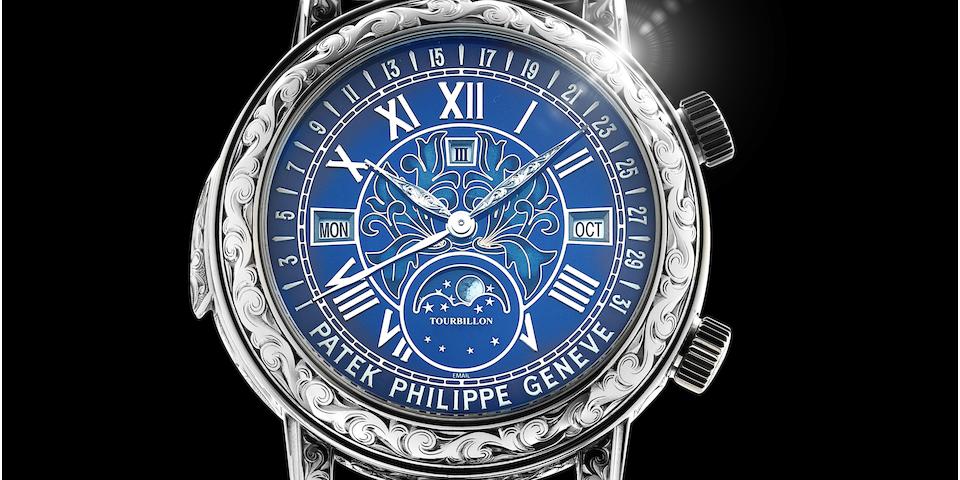 PATEK PHILIPPE | GRAND COMPLICATION - SKY MOON TOURBILLON, REF. 6002G-001, AN IMMENSELY RARE AND HIGHLY IMPORTANT 18K WHITE GOLD MINUTE REPEATING WITH CATHEDRAL GONGS, PERPETUAL CALENDAR, TOURBILLON, DOUBLE DIALLED WRISTWATCH WITH SKY CHART, 2016, WITH MATCHING HAND ENGRAVED WHITE GOLD CUFFLINKS "THE ICONIC AND LEGENDARY SKY MOON TOURBILLON WITH BLUE DIAL, REF. 6002 - A SCULPTURE FOR THE WRIST"
