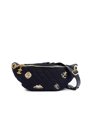 Bonhams : CHANEL NAVY QUILTED WOOL FELT PIN-ACCENTED BELT BAG WITH