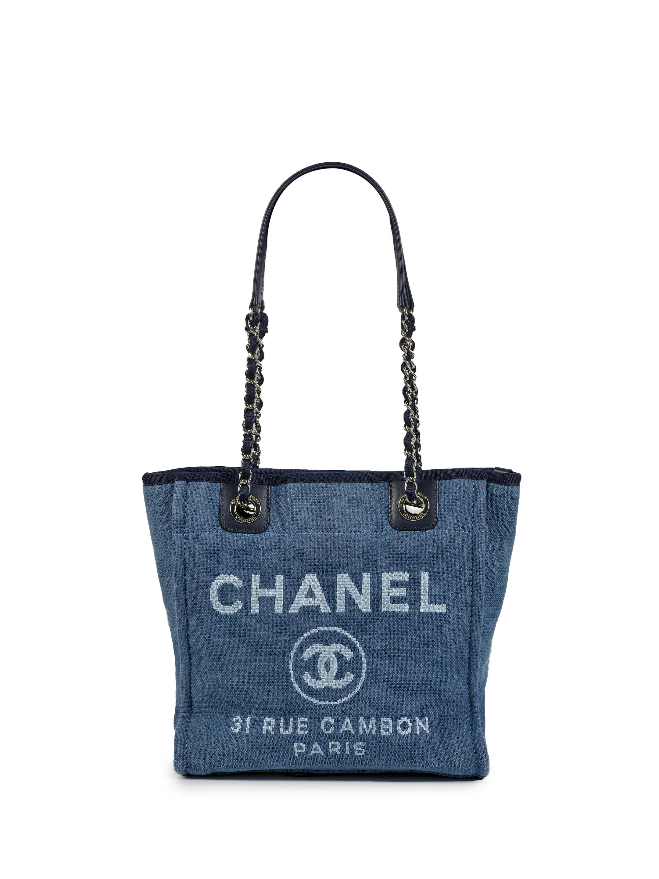 Bonhams : CHANEL BLUE CANVAS DEAUVILLE TOTE WITH SLIVER TONED
