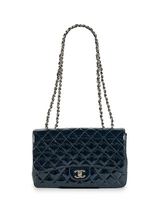 Bonhams : CHANEL DARK BLUE PATENT JUMBO CLASSIC FLAP BAG WITH SILVER TONED  HARDWARE (includes serial sticker, info booklet, authenticity card, felt  protector, original dust bag and box)