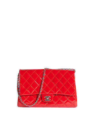 Bonhams : CHANEL RED QUILTED PATENT CLUTCH ON CHAIN IN SILVER