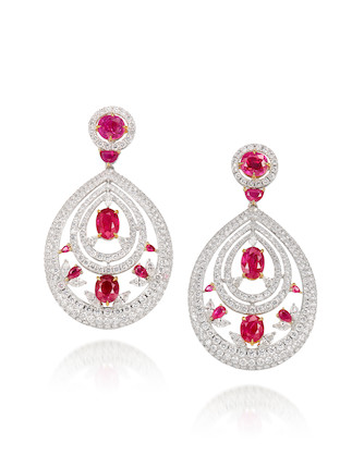 PAIR OF RUBY, PINK SAPPHIRE AND DIAMOND EARRINGS image 1