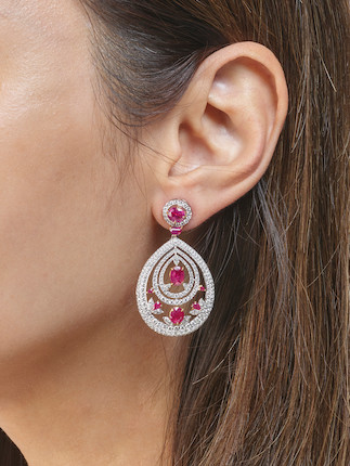 PAIR OF RUBY, PINK SAPPHIRE AND DIAMOND EARRINGS image 8
