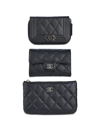 Bonhams : CHANEL BLACK QUILTED CAVIAR FLAP CARD HOLDER,CLASSIC MINI POUCH  SILVER TONED HARDWARE,AND BOY ZIPPED COIN PURSE WITH RUTHENIUM HARDWARE