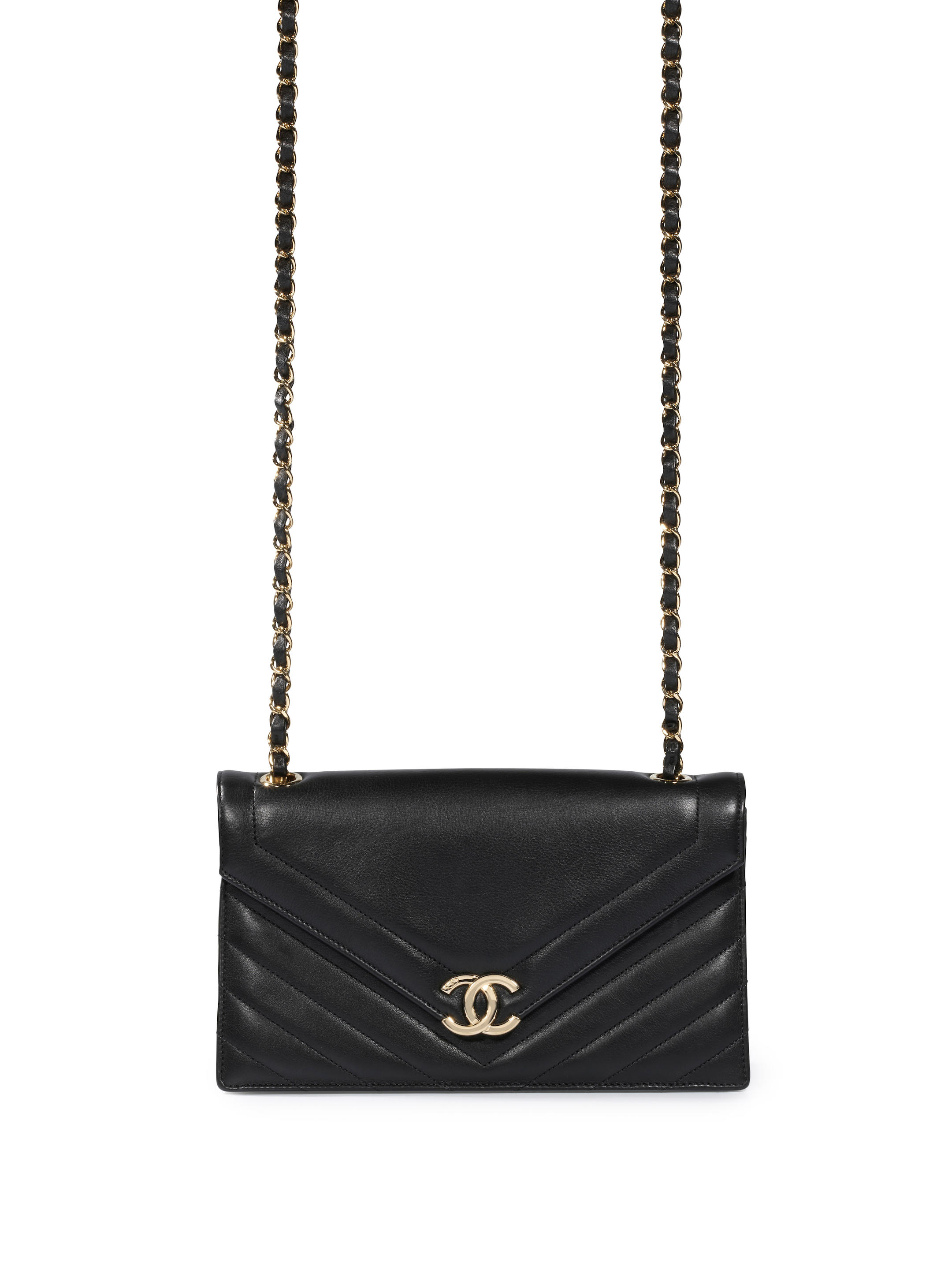 Bonhams : CHANEL BLACK LAMPSKIN ENVELOPE FLAP BAG WITH GOLD TONED CHAIN  (Includes authenticity card and original dust bag)