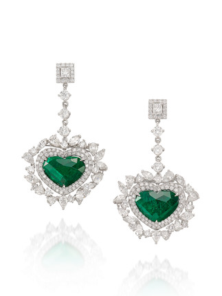 EMERALD AND DIAMOND PENDENT EARRINGS image 1
