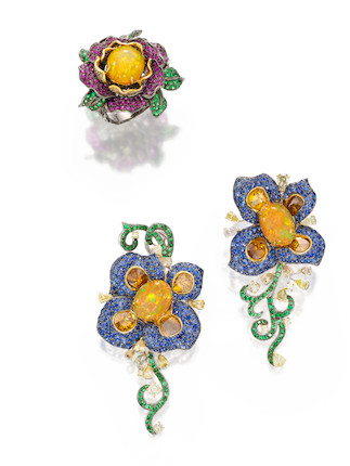 OPAL, GEM-SET AND DIAMOND FLORAL RING AND EARRING SET (2) image 1
