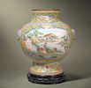 Thumbnail of A LARGE AND RARE PAINTED ENAMEL 'EUROPEAN-SUBJECT' BALUSTER VASE Blue-enamelled Qianlong six-character mark and of the period (3) image 1