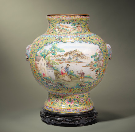 A LARGE AND RARE PAINTED ENAMEL 'EUROPEAN-SUBJECT' BALUSTER VASE Blue-enamelled Qianlong six-character mark and of the period (3) image 1