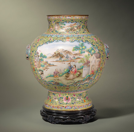 A LARGE AND RARE PAINTED ENAMEL 'EUROPEAN-SUBJECT' BALUSTER VASE Blue-enamelled Qianlong six-character mark and of the period (3) image 2