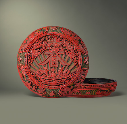 A RARE AND LARGE CARVED THREE-COLOUR LACQUER 'CHUN' CIRCULAR BOX AND COVER Qianlong (2) image 1