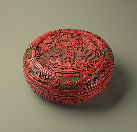 A RARE AND LARGE CARVED THREE-COLOUR LACQUER 'CHUN' CIRCULAR BOX AND COVER Qianlong (2) image 2