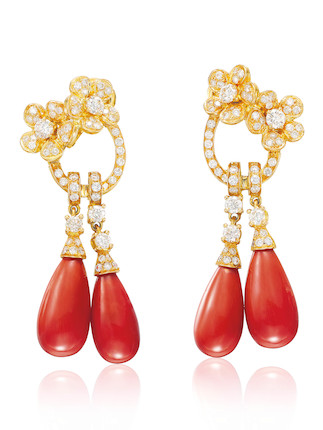 PAIR OF CORAL AND DIAMOND PENDENT EARRINGS image 1