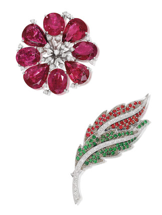 RUBELLITE TOURMALINE, GEM-SET AND DIAMOND FLORAL BROOCHES (2) image 1