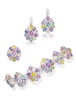 ADLER MULTI-COLOURED SAPPHIRE AND DIAMOND BRACELET, RING AND EARRING SUITE (3) image 1