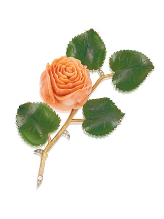 CORAL, NEPHRITE AND DIAMOND 'ROSE' BROOCH image 1
