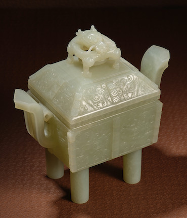 A WHITE JADE ARCHAISTIC INCENSE BURNER AND COVER, FANGDING  18th/19th century image 2