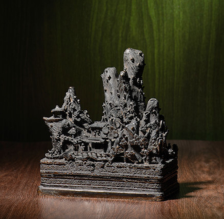 A VERY RARE BRONZE 'LANDSCAPE' INKSTONE BOX AND SEAL Late Ming Dynasty/Early Qing Dynasty image 1