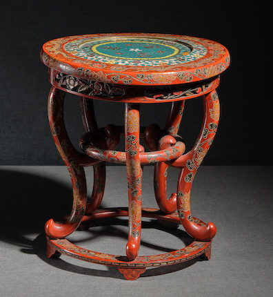 A COISONNÉ ENAMEL-INSET PAINTED RED QIANGJIN LACQUER 'DRAGON' STAND Late Ming Dynasty image 1