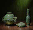 Thumbnail of A RARE SET OF SPINACH-GREEN JADE INCENSE GARNITURE SET 18th century image 2