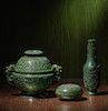 Thumbnail of A RARE SET OF SPINACH-GREEN JADE INCENSE GARNITURE SET 18th century image 1
