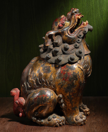 A LARGE PAINTED BRONZE 'MYTHICAL BEAST' INCENSE BURNER Ming Dynasty or earlier (2) image 2