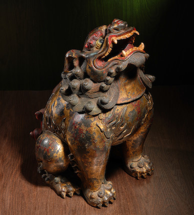 A LARGE PAINTED BRONZE 'MYTHICAL BEAST' INCENSE BURNER Ming Dynasty or earlier (2) image 1