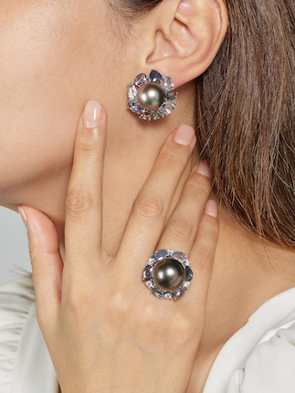 CULTURED PEARL, GEM-SET AND DIAMOND RING AND EARRING SET image 2