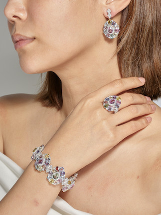 ADLER MULTI-COLOURED SAPPHIRE AND DIAMOND BRACELET, RING AND EARRING SUITE (3) image 2
