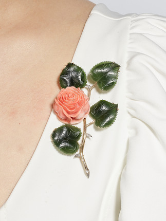 CORAL, NEPHRITE AND DIAMOND 'ROSE' BROOCH image 2