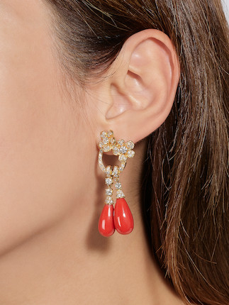 PAIR OF CORAL AND DIAMOND PENDENT EARRINGS image 2