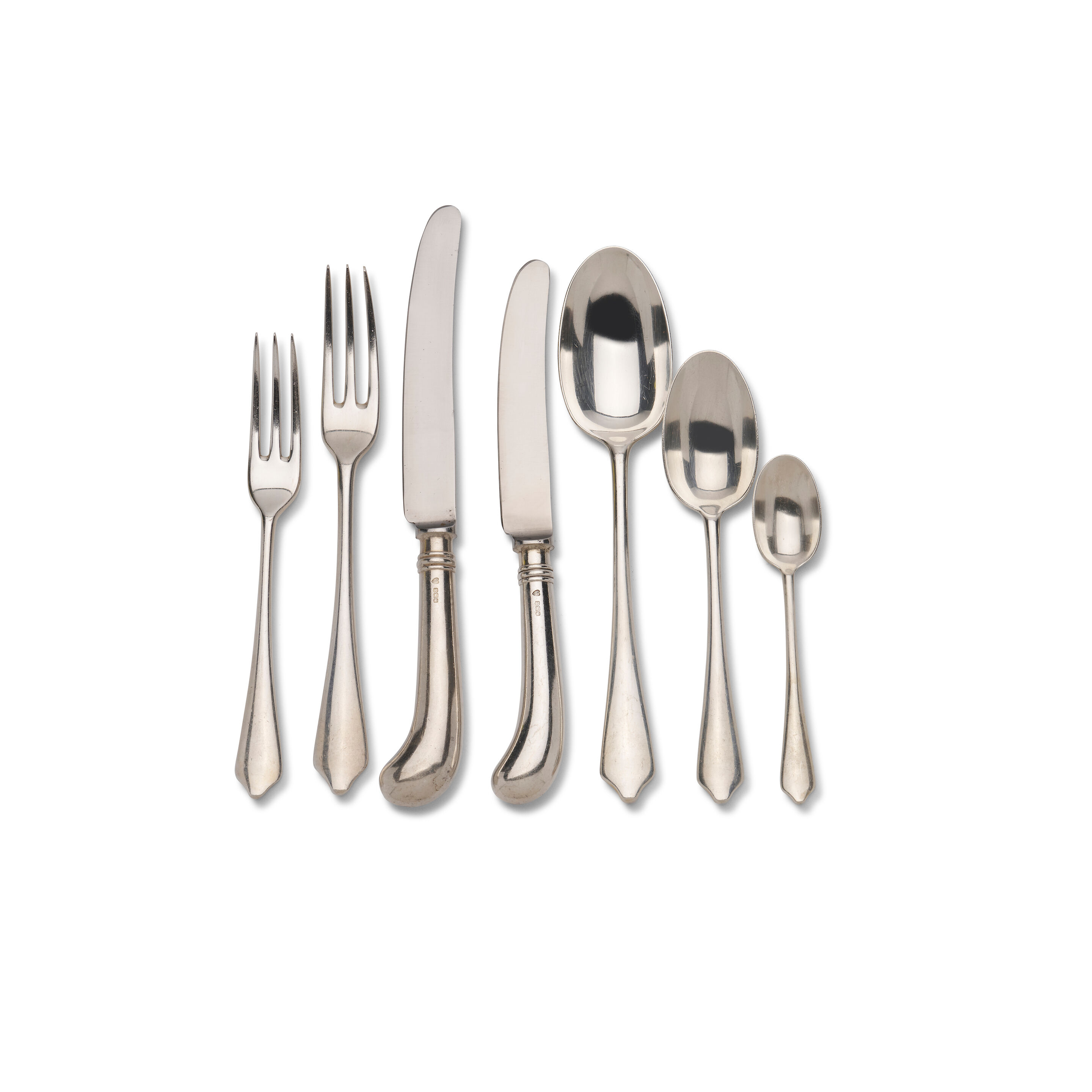 An English sterling silver flatware service Marks of DJ Silver Repairs, London, 1962-1975 to the knives, Marks of James W. Potter & Sons, London, 1973 to the forks and spoons (83)