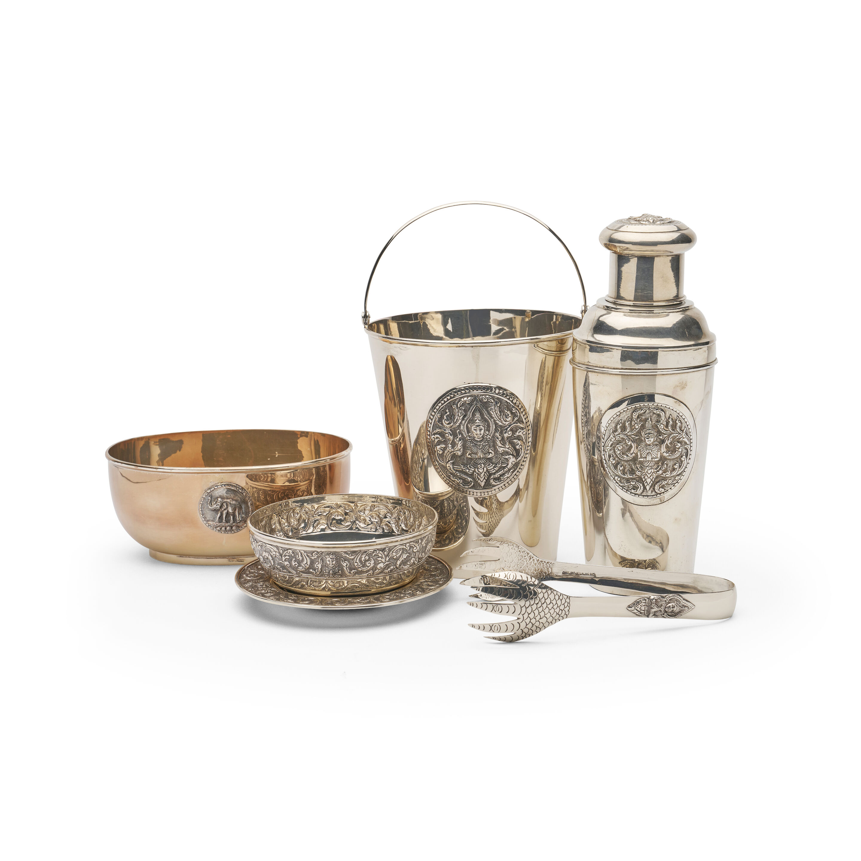 A group of Thai sterling silver barware