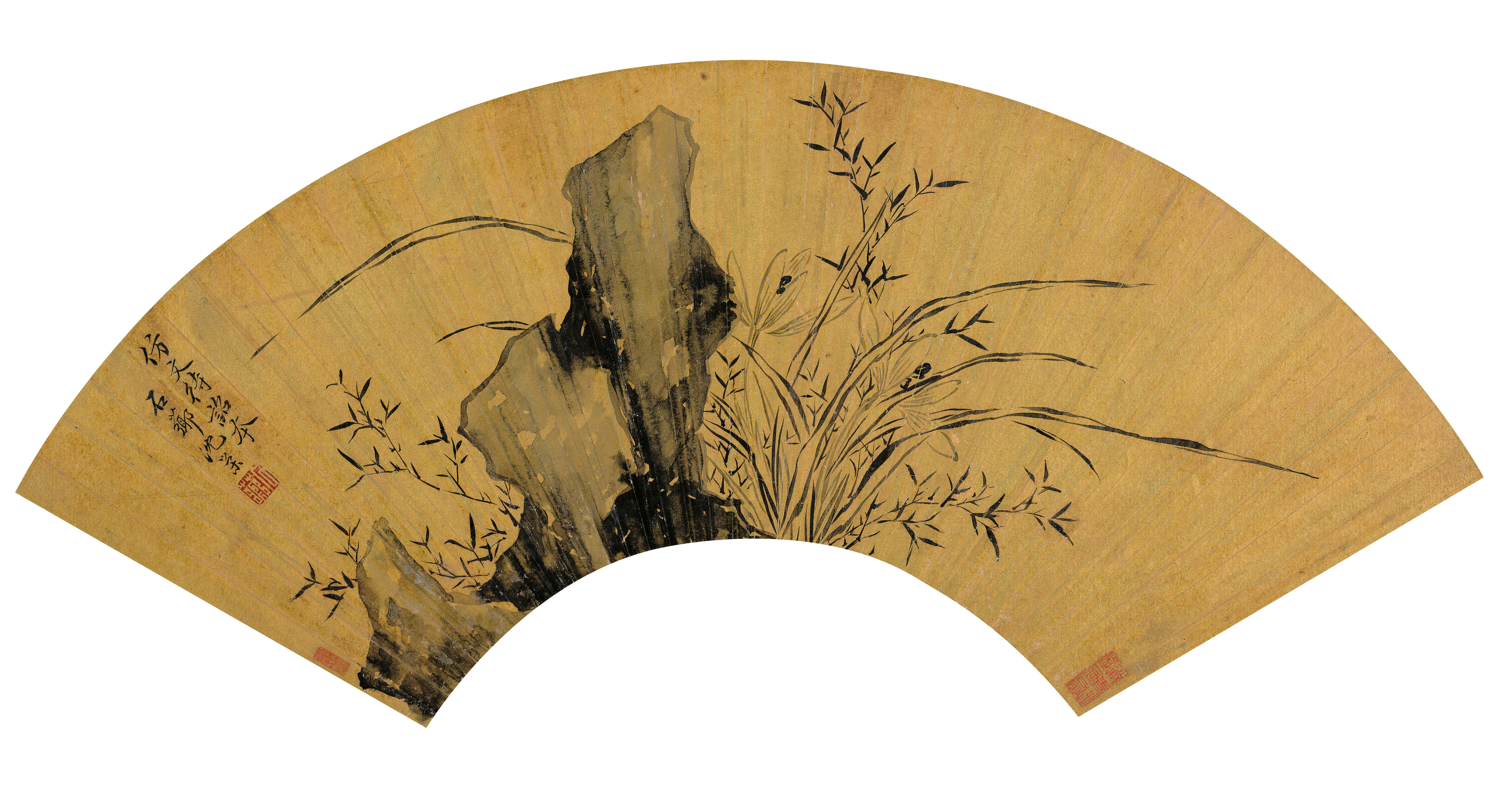 Orchid; Bamboo and Rock