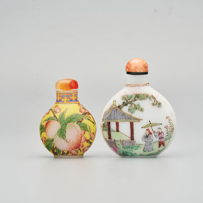 TWO ENAMELLED MILKY GLASS 'PEACH' AND 'DEER AND CRANE' SNUFF BOTTLES The 'peach' with Qianlong four-character blue mark, Republic Period (2)