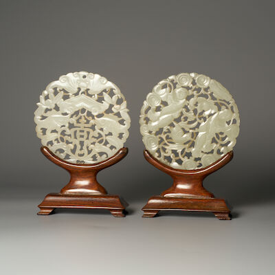 TWO RETICULATED GREENISH WHITE JADE PLAQUES Late Qing Dynasty (2)