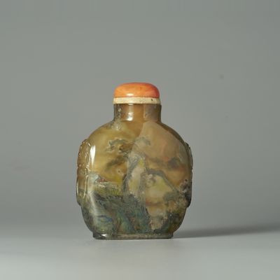 AN INSIDE PAINTED MOSS AGATE 'BOATING AND GOLDFISH' SNUFF BOTTLE The bottle 1780-1880, painted later in the style of Ye Zhongsan